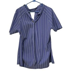 Eloquii Blue & White Pin Striped Blouse Tie Neck Women's 24 Career Wear Office